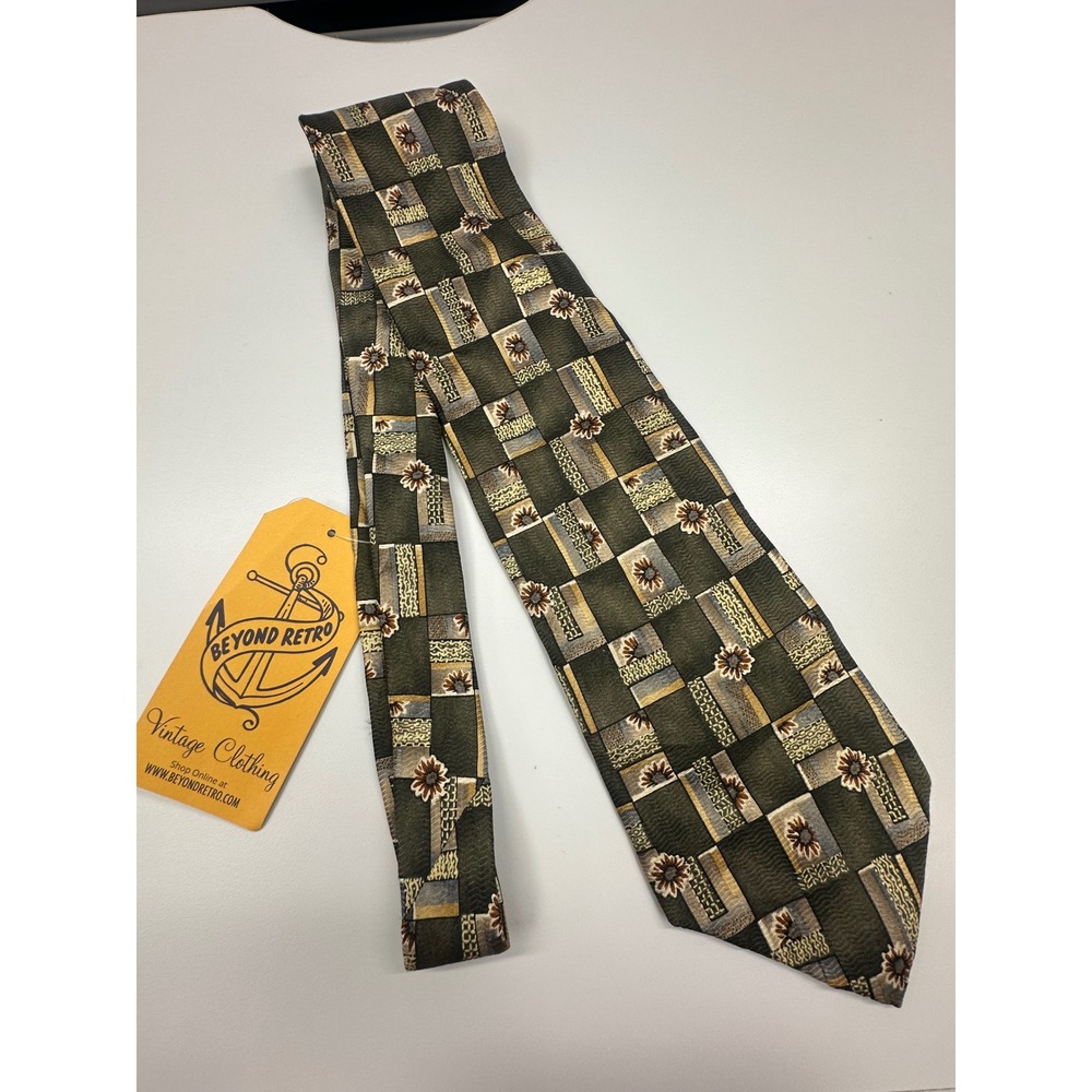 Bosa Mens Silk Tie Olive Green Gold Floral Geometric Patchwork Vintage 58x4